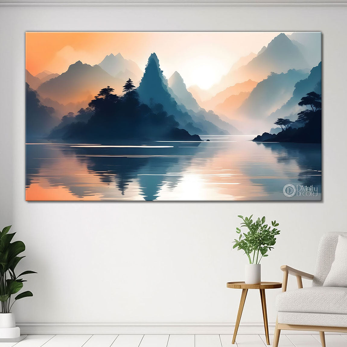 Mountains with river in sunrise in textured water color painting Canvas Painting - Nature Art -149