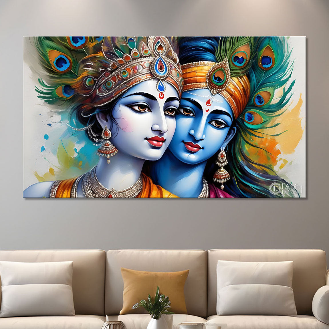 Blue face of Krishna and Radha with light color background painting Canvas Painting - Design - Krishna-149