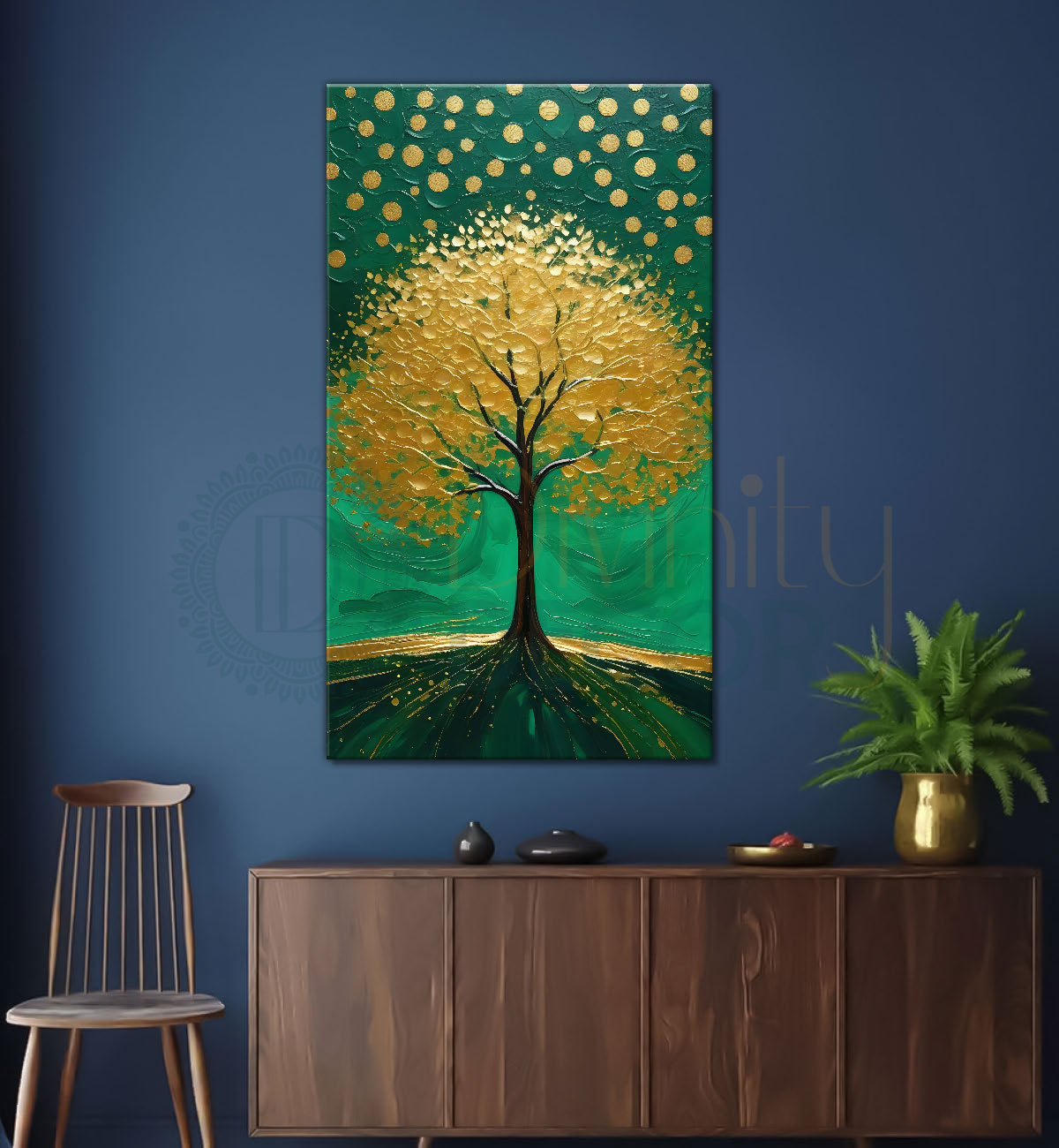 Green Tree in front of sun with bright textured oil painting Canvas painting - Tree-V-15