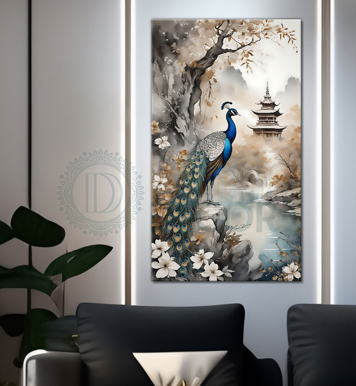Peacock on branch with light background modenr art  - Design - Peacock-V-14
