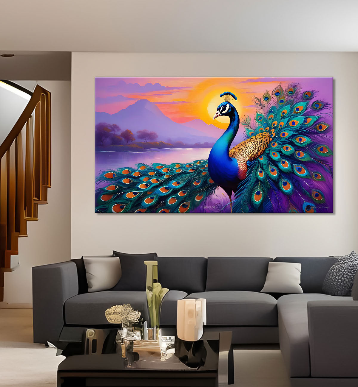 Peacock with purple mountains and flower background Canvas Painting - Design - Peacock-14