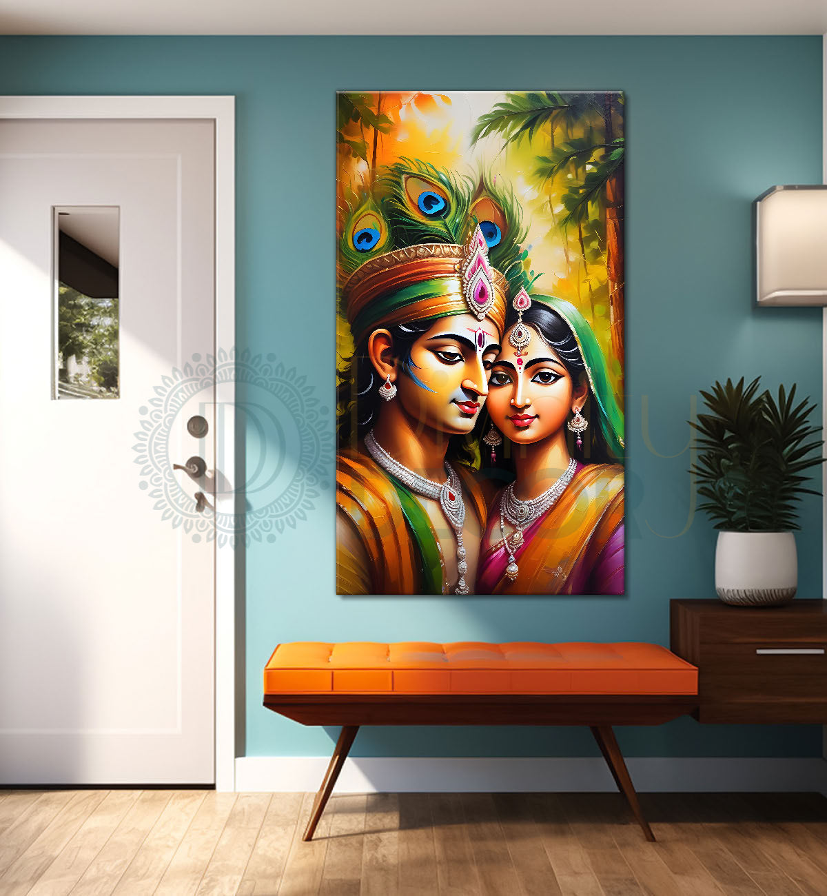 Krishna with radha in yellow background textured art Canvas Painting - Design - Krishna-V-14