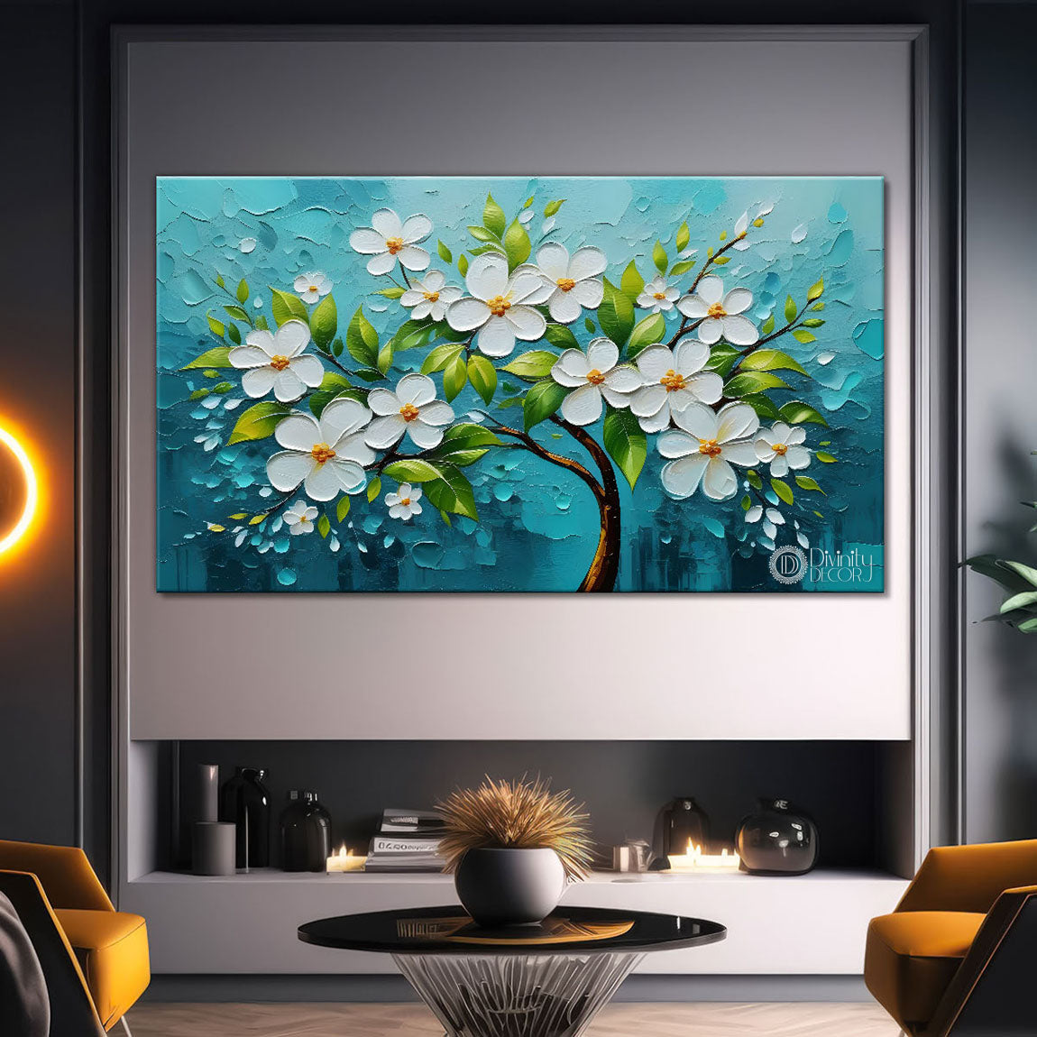 White flower tree in textured background oil painting- Design - Tree-150