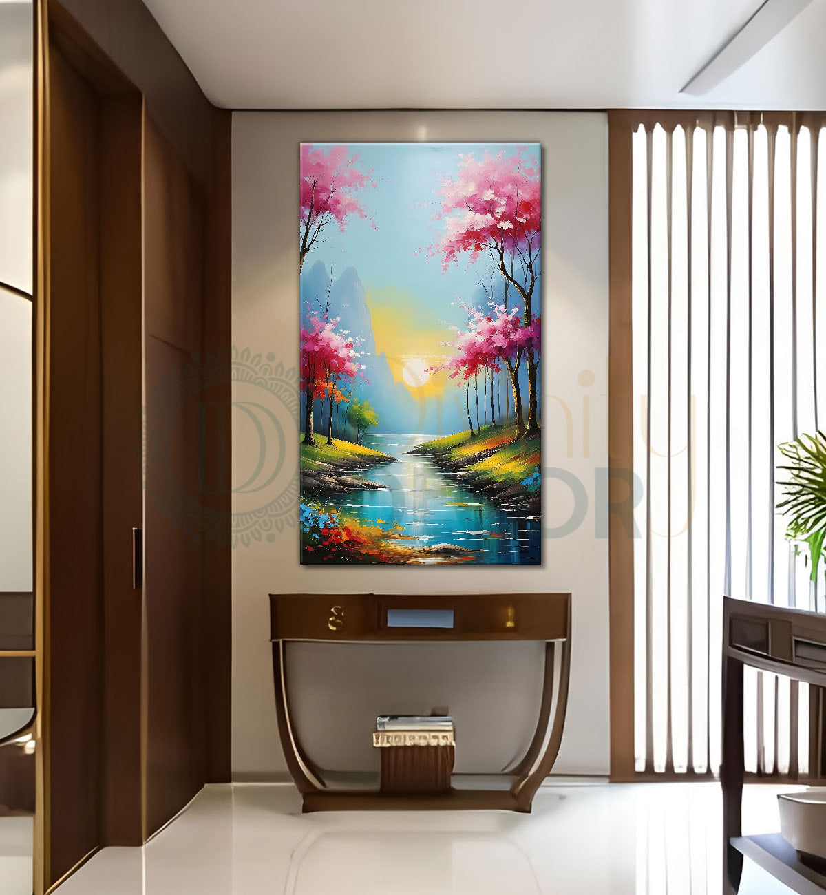 Pink trees wtih lake and sun in textured painting Canvas Painting - Nature Art -V-150