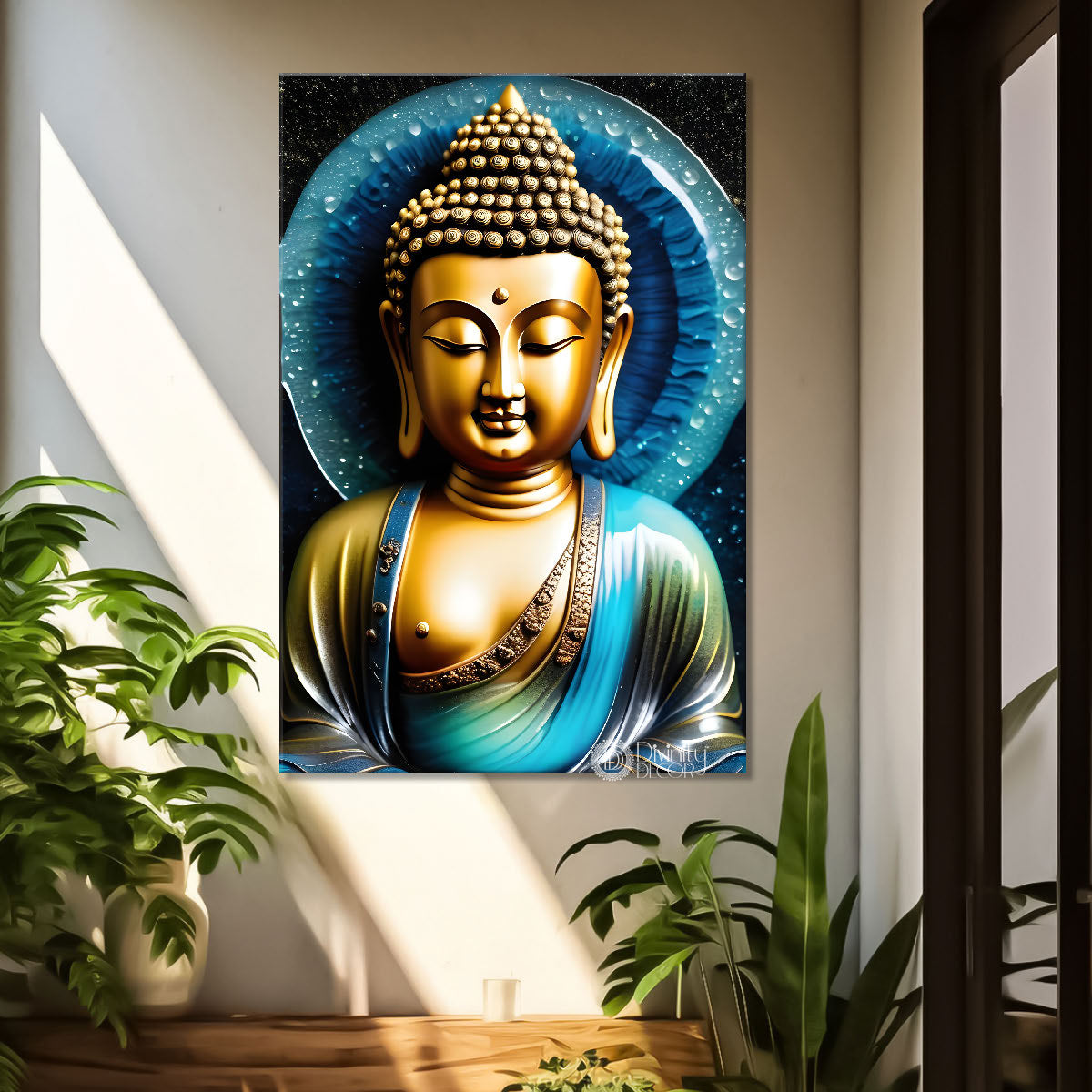 Golden buddha with blue chakra background painting - Buddha-V-150