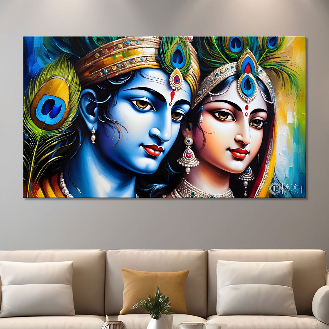 Blue face of Krishna and Radha with yellow background painting Canvas Painting - Design - Krishna-150