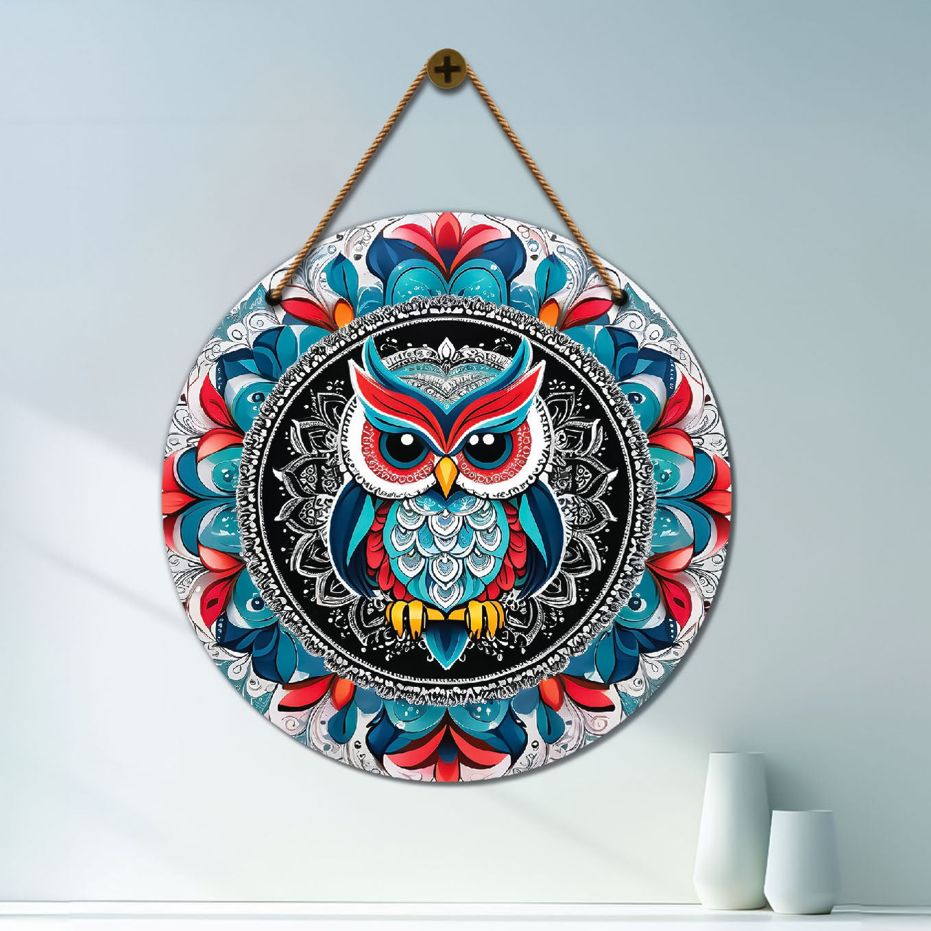 Owl in blue and pink mandala Round Wooden Wall Hanging for wall Décor - Design - 150