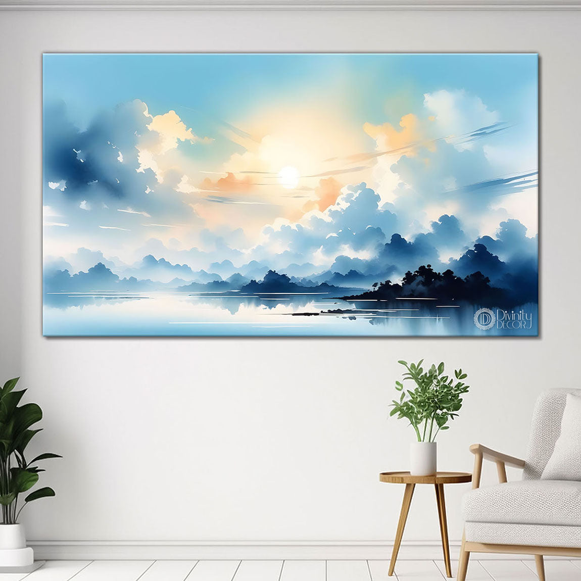 Mountains with clouds and river in textured water color art Canvas Painting - Nature Art -150