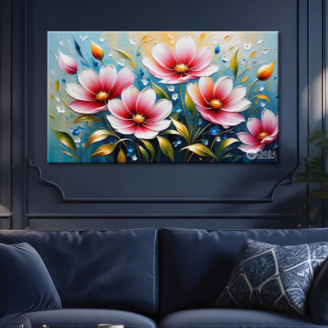 Pink flowers with blue background painting- Design - Flower-151