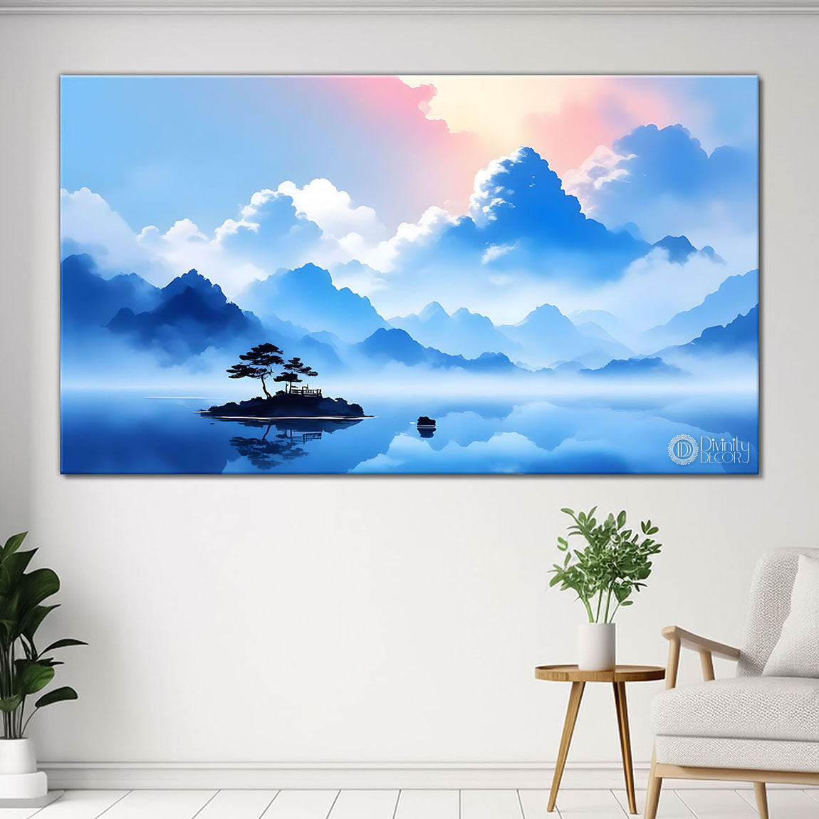 Mountains with river and clouds textured water color art Canvas Painting - Nature Art -151