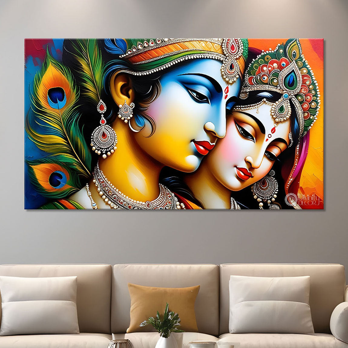 Blue face of Krishna and Radha with yellow and peacock feather background painting Canvas Painting - Design - Krishna-151