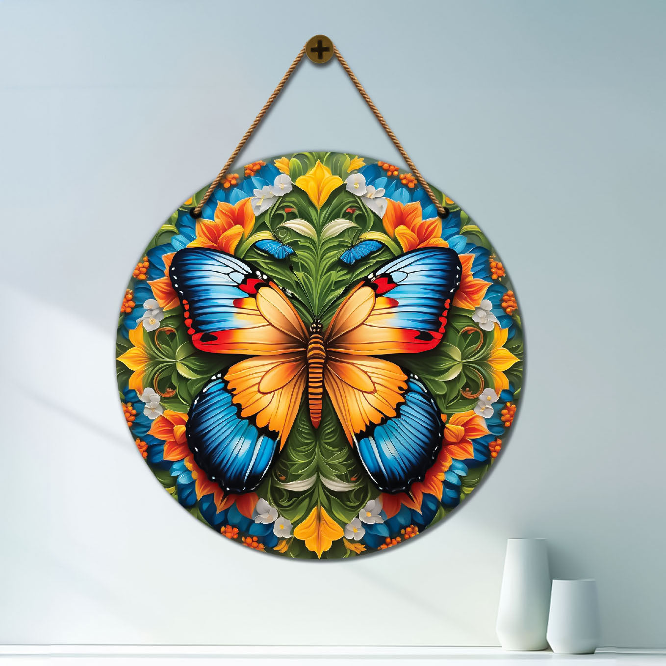 Butterfly in green and yellow mandala Round Wooden Wall Hanging for wall Décor - Design - 151