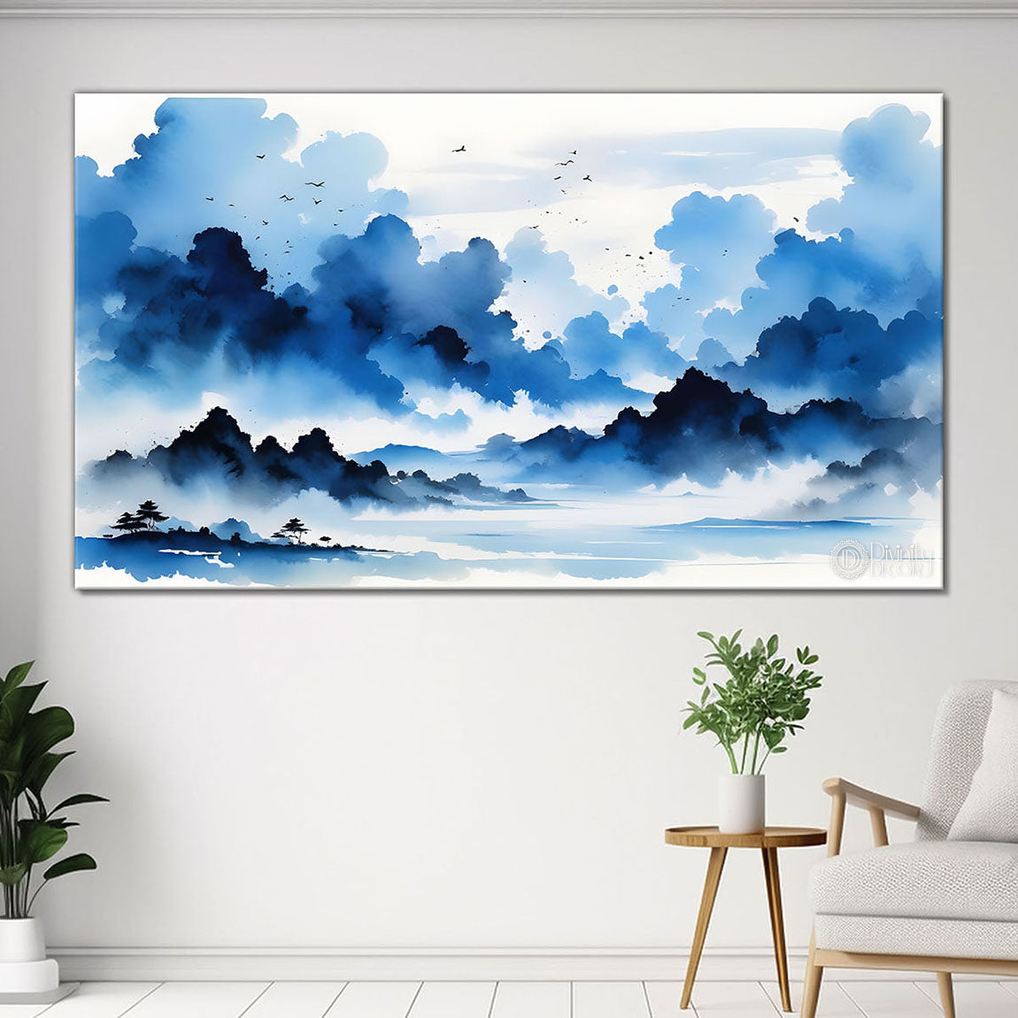 Mountains with river and clouds textured water color art Canvas Painting - Nature Art -152