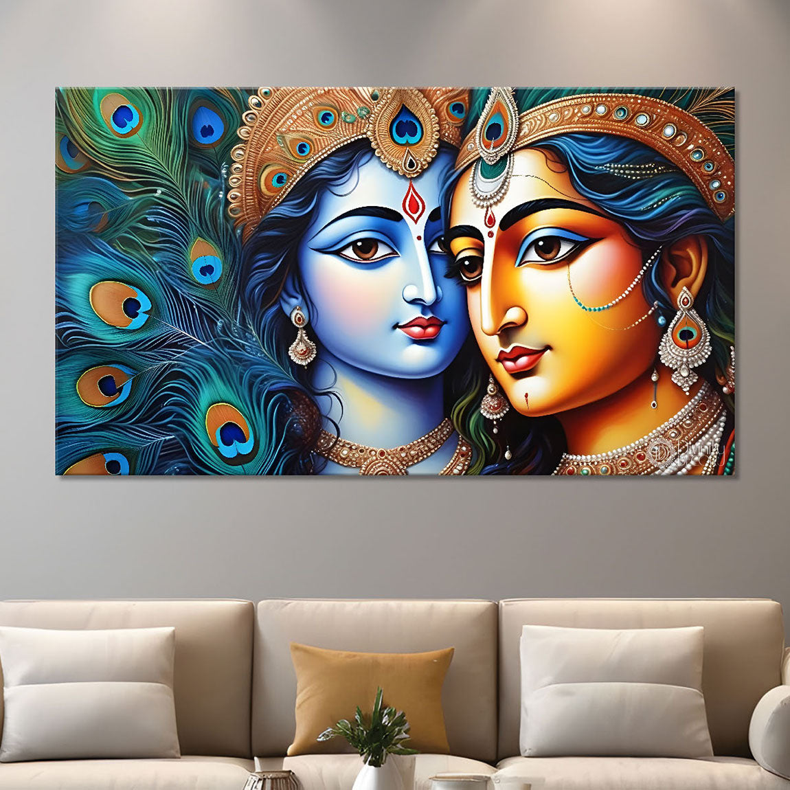 Blue face of Krishna and Radha with peacock feather background painting Canvas Painting - Design - Krishna-152