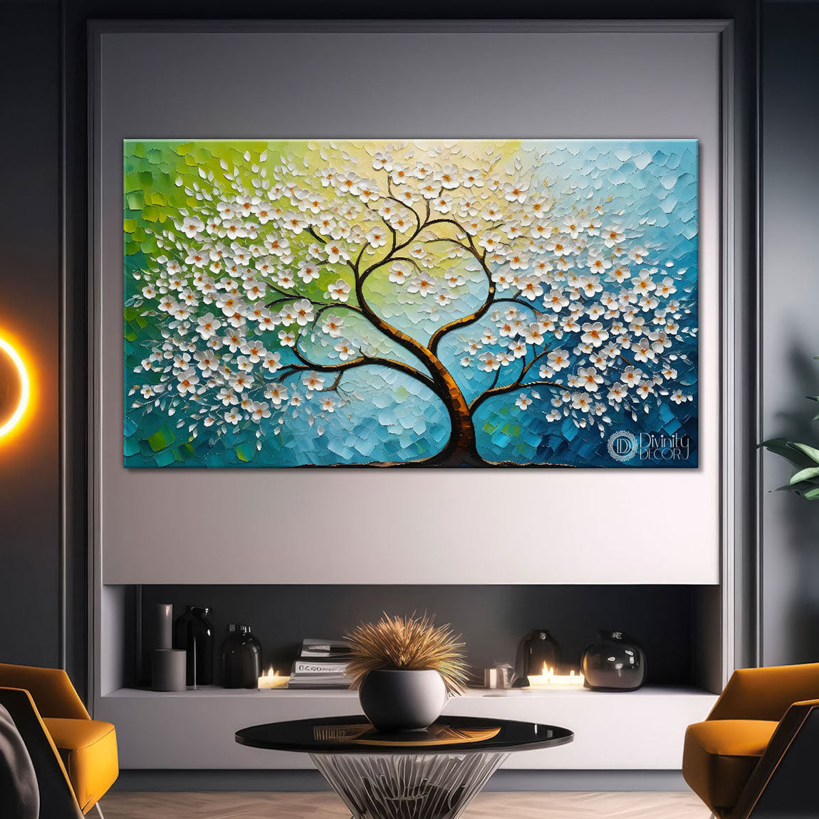 White flower tree in textured background oil painting- Design - Tree-152