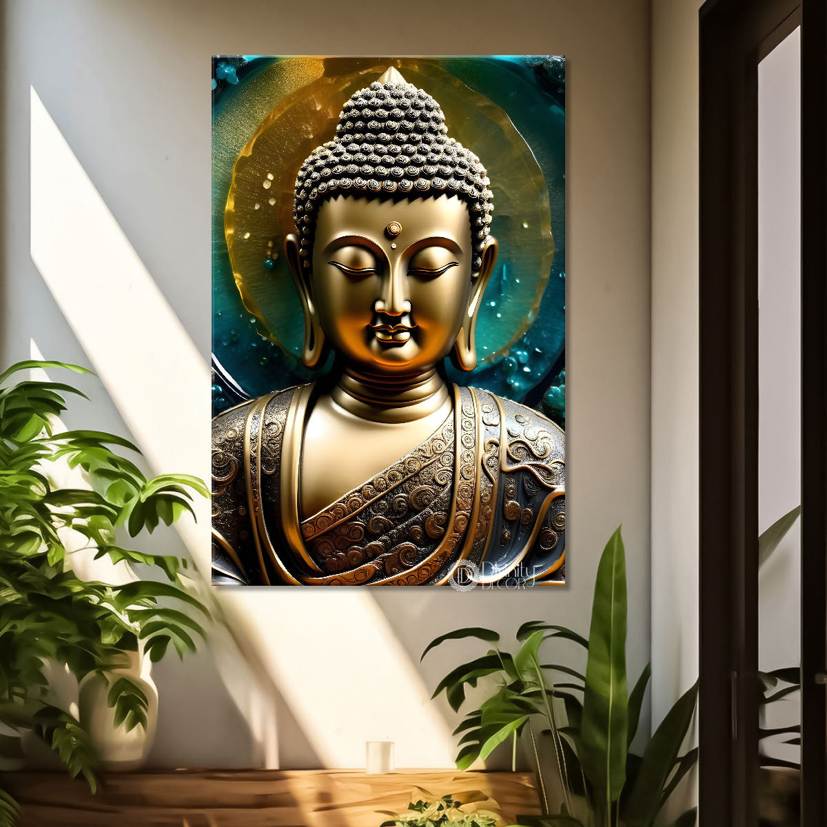 Golden buddha with colourufl texturd painting - Buddha-V-152