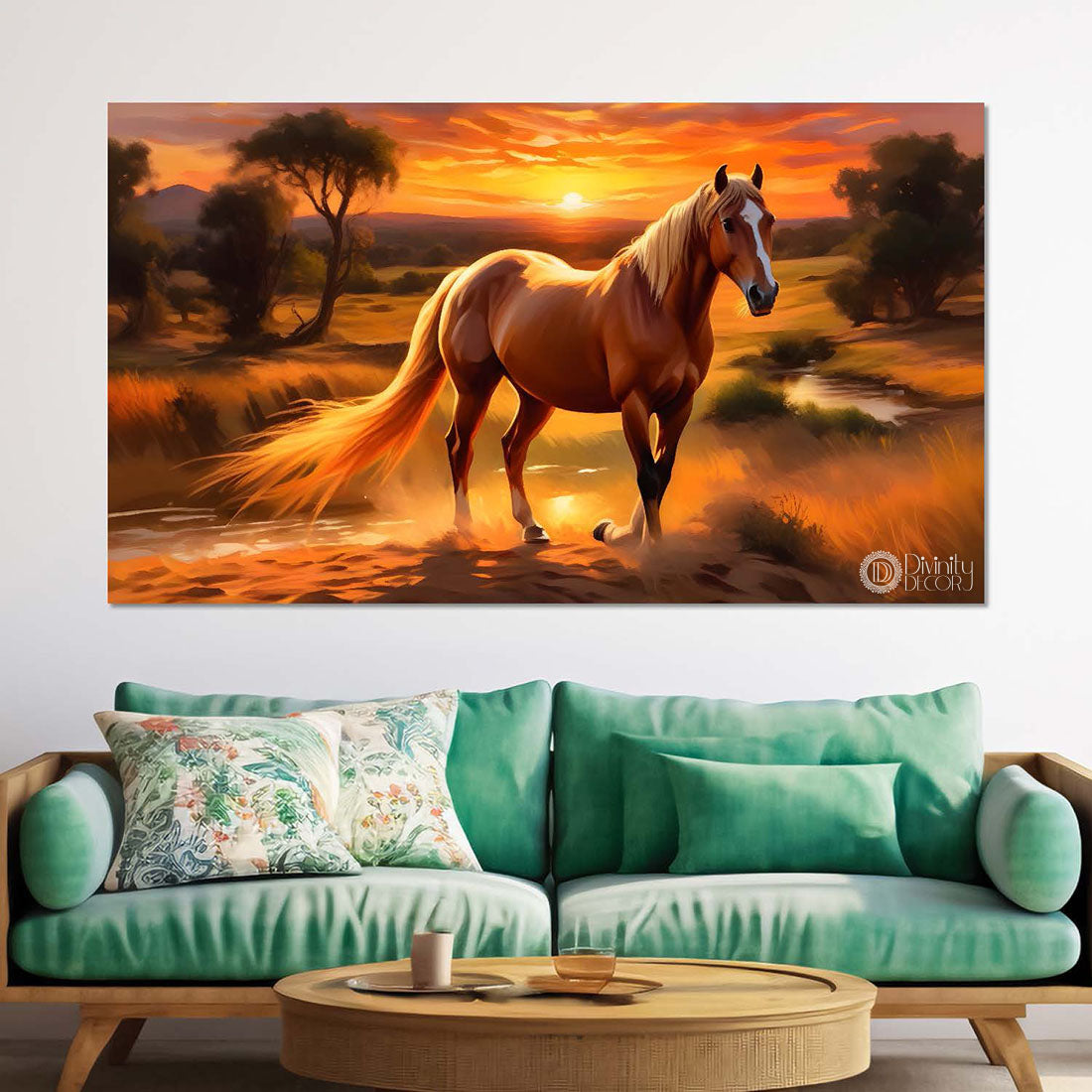 Brown horse in the field with sunset textured background art Canvas Painting - Design - Horse-152