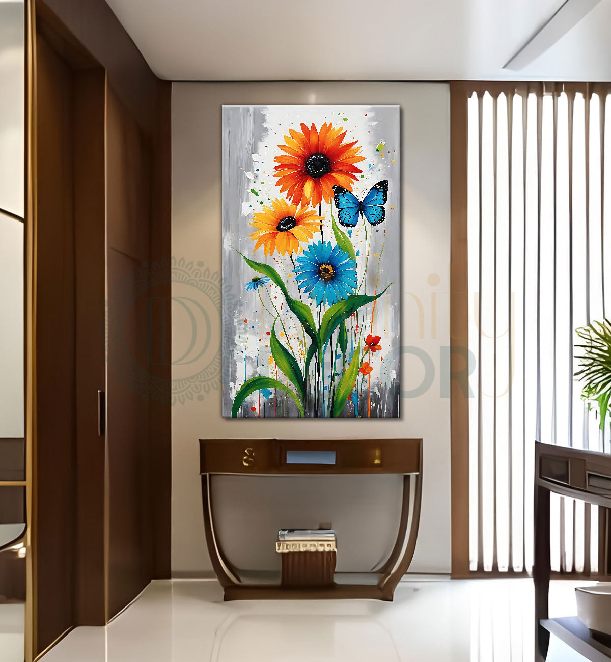 Colourful flowers with butterfly in textured painting Canvas Painting - Nature Art -V-152