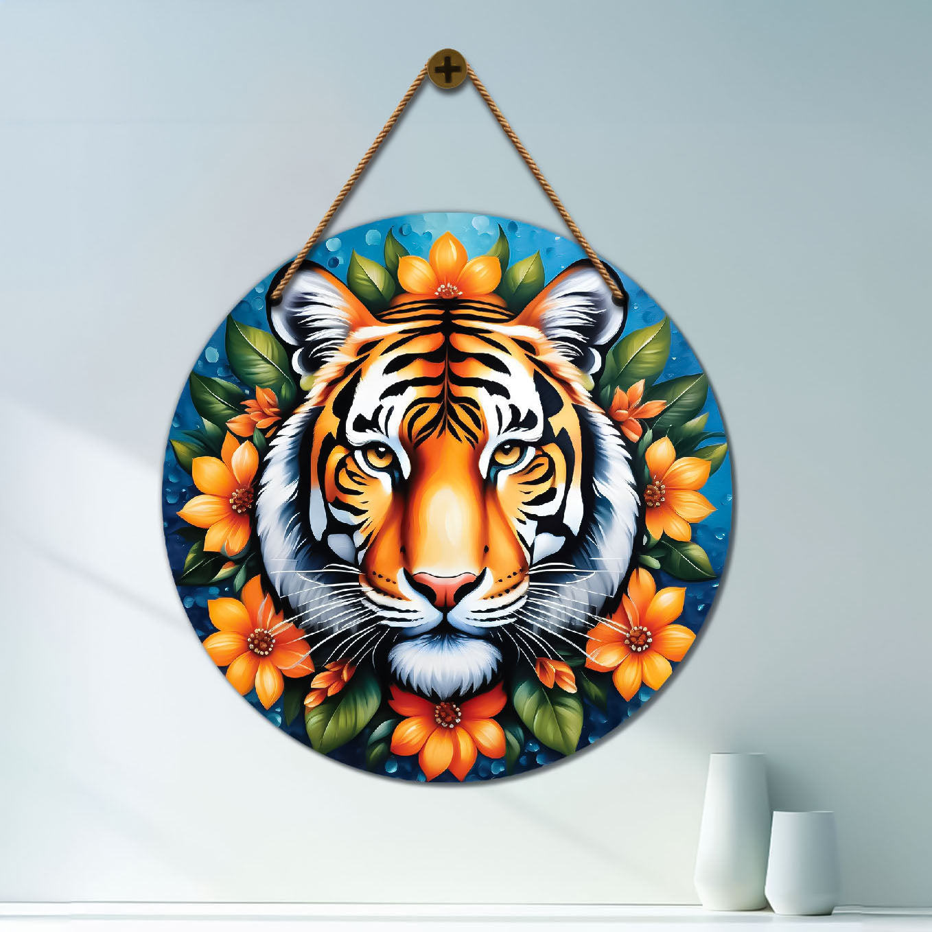 Tiger in green and yellow mandala Round Wooden Wall Hanging for wall Décor - Design - 152