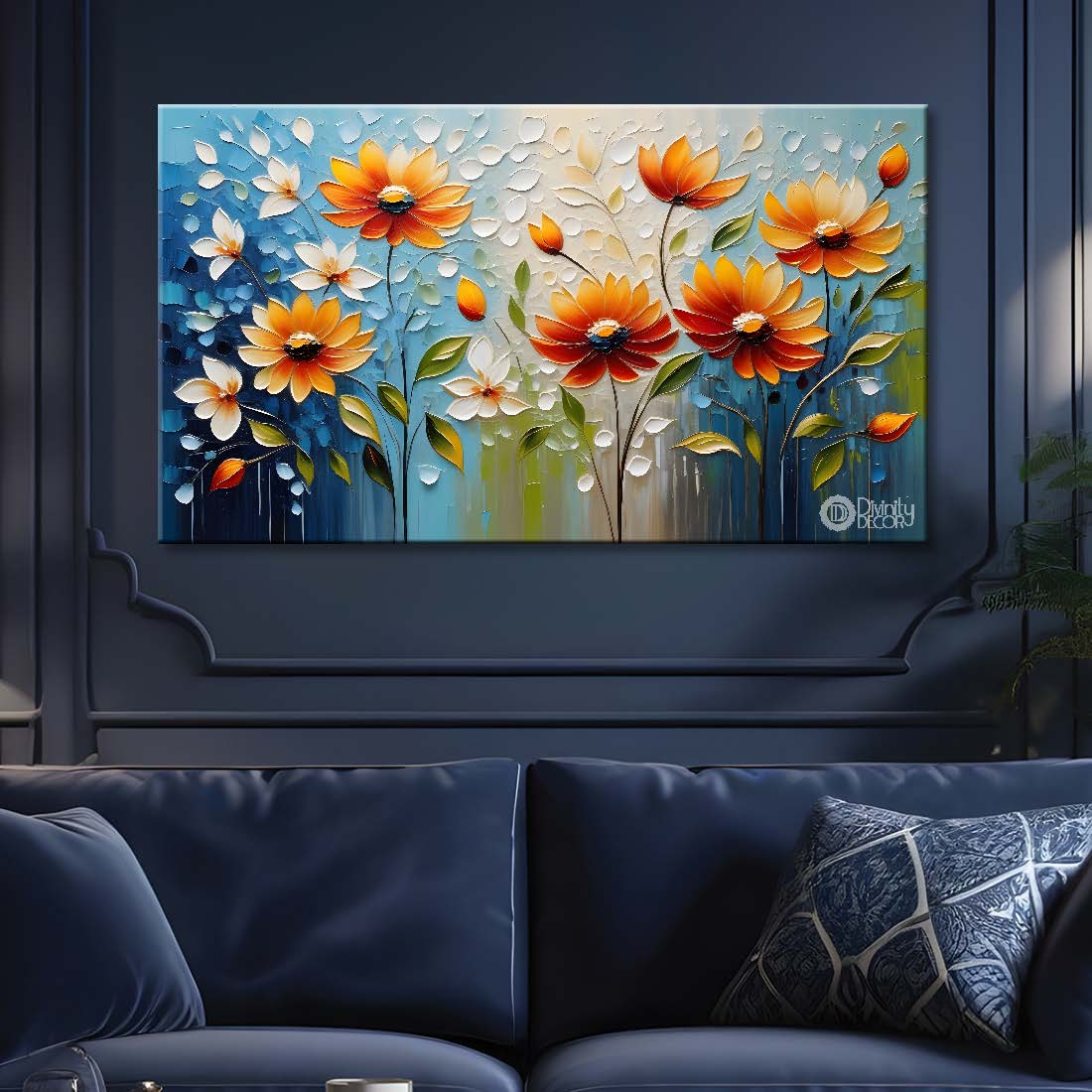 Orange flowers with blue background painting- Design - Flower-152