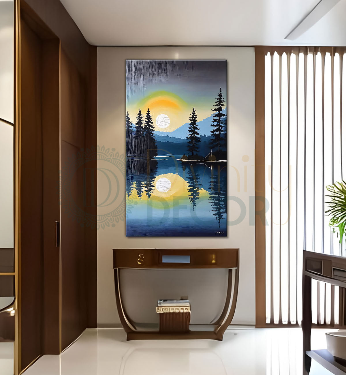 Mountains with lake and sunset textured water colour painting Canvas Painting - Nature Art -V-153