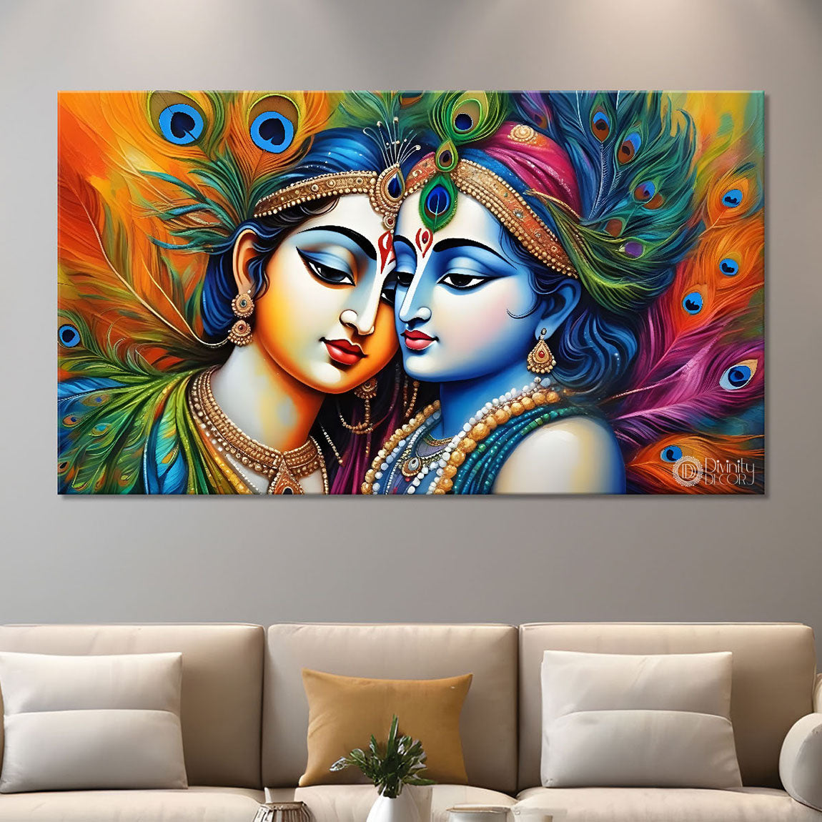 Blue face of Krishna and Radha with yellow and peacock feather background painting Canvas Painting - Design - Krishna-153