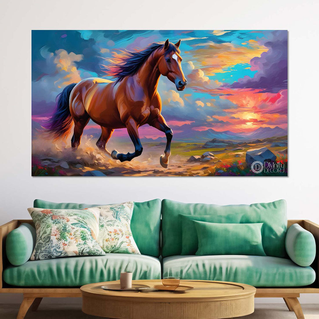 Brown horse running in the field with cloudy and colorful textured background art Canvas Painting - Design - Horse-153
