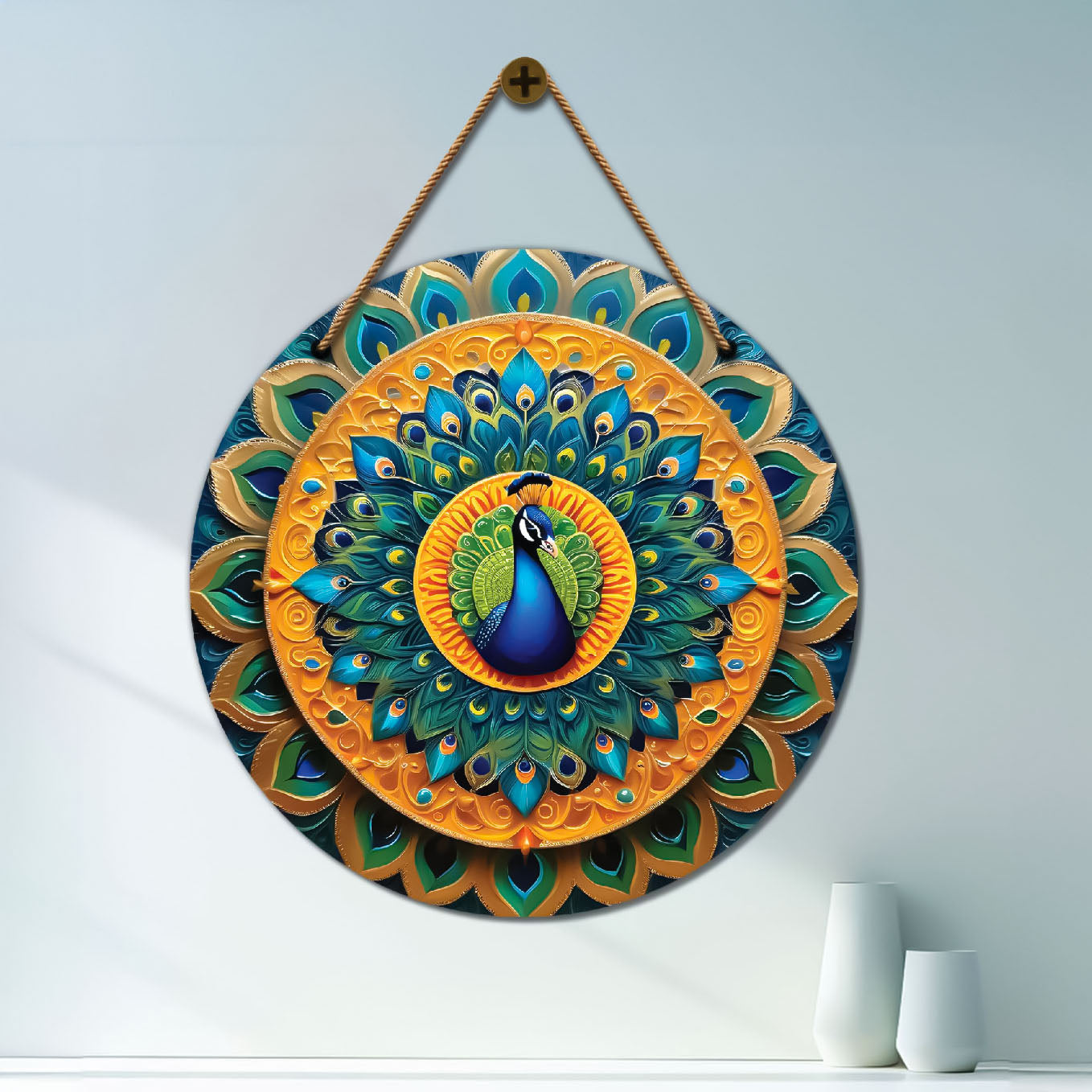 Peacock in green and golden mandala Round Wooden Wall Hanging for wall Décor - Design - 153
