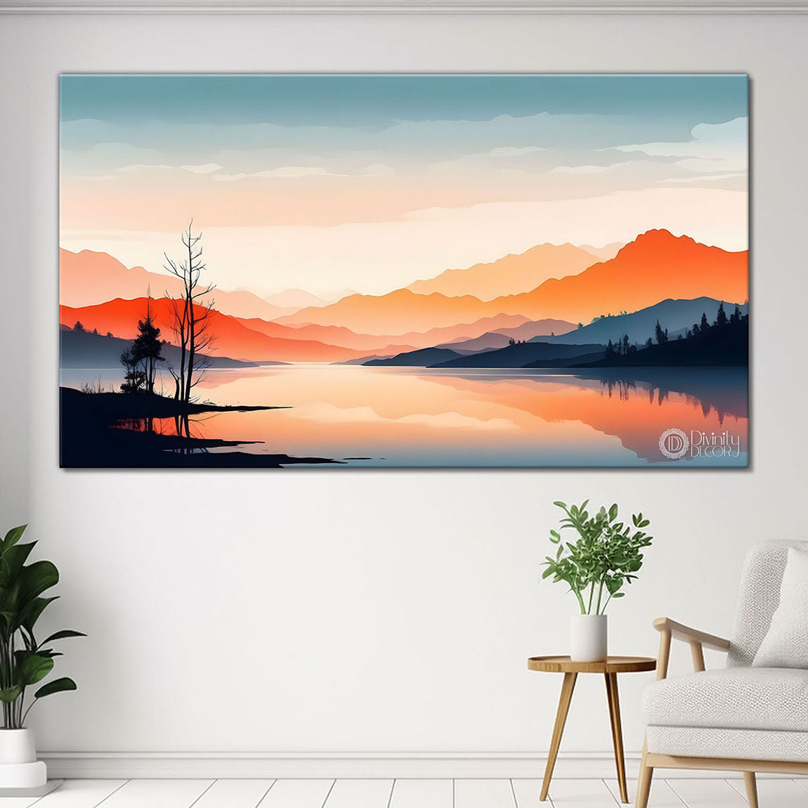Mountains with orange shine in textured water color art Canvas Painting - Nature Art -153