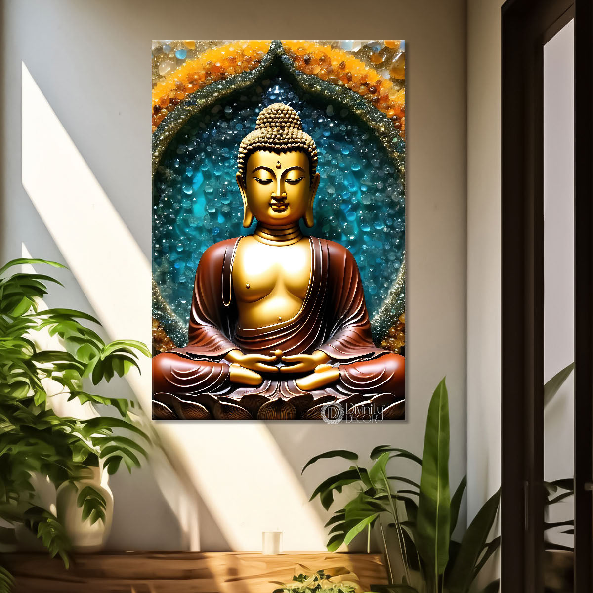 Golden buddha with colourufl texturd painting - Buddha-V-153