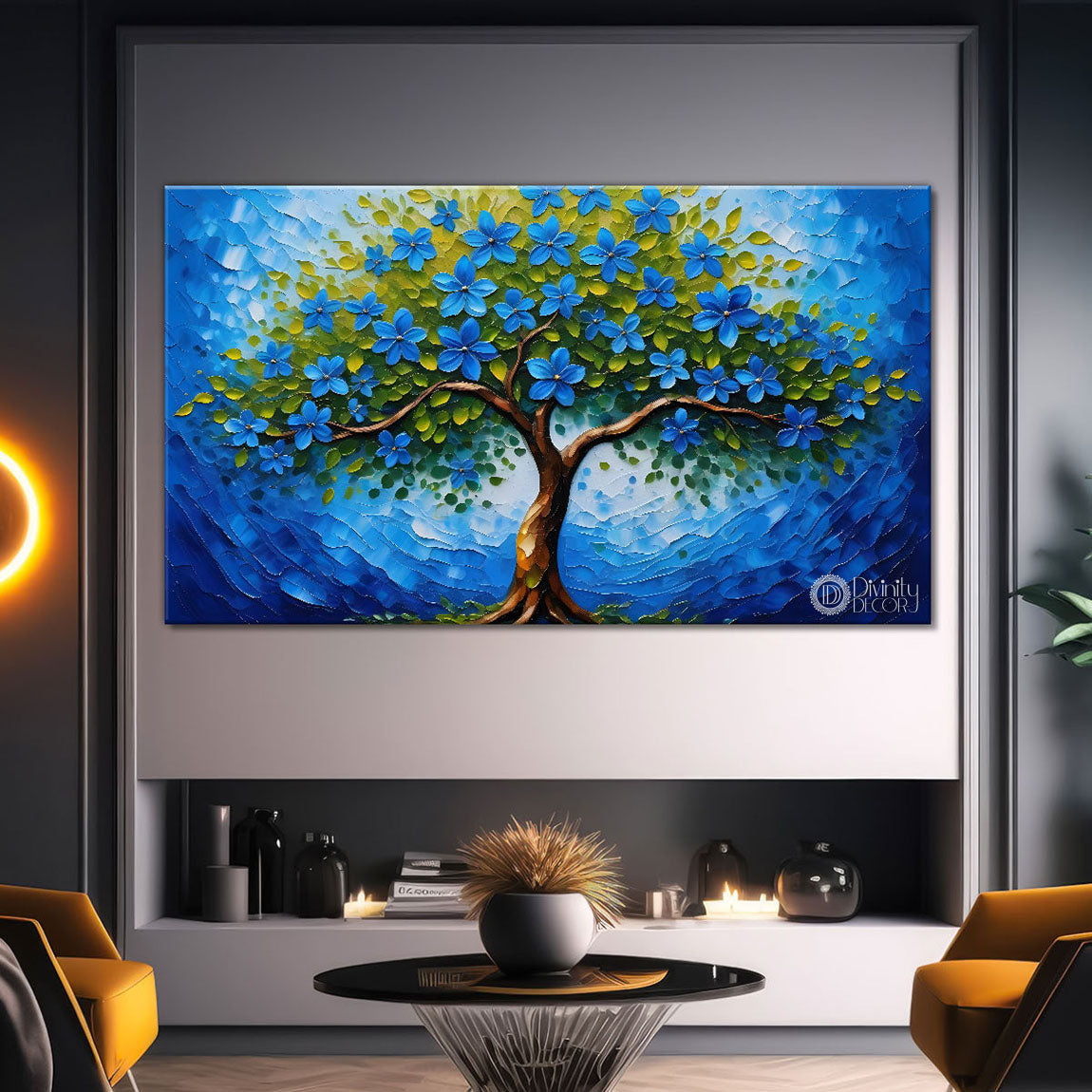 Blue tree in textured modern art- Design - Tree-154