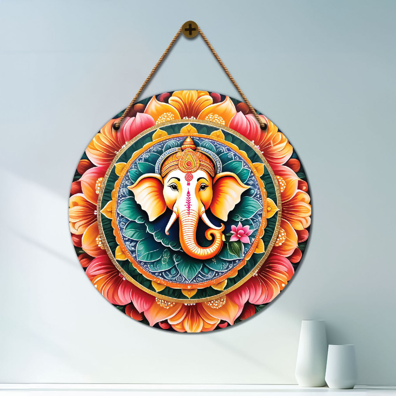 Ganesh Ji in green and floral mandala Round Wooden Wall Hanging for wall Décor - Design - 154