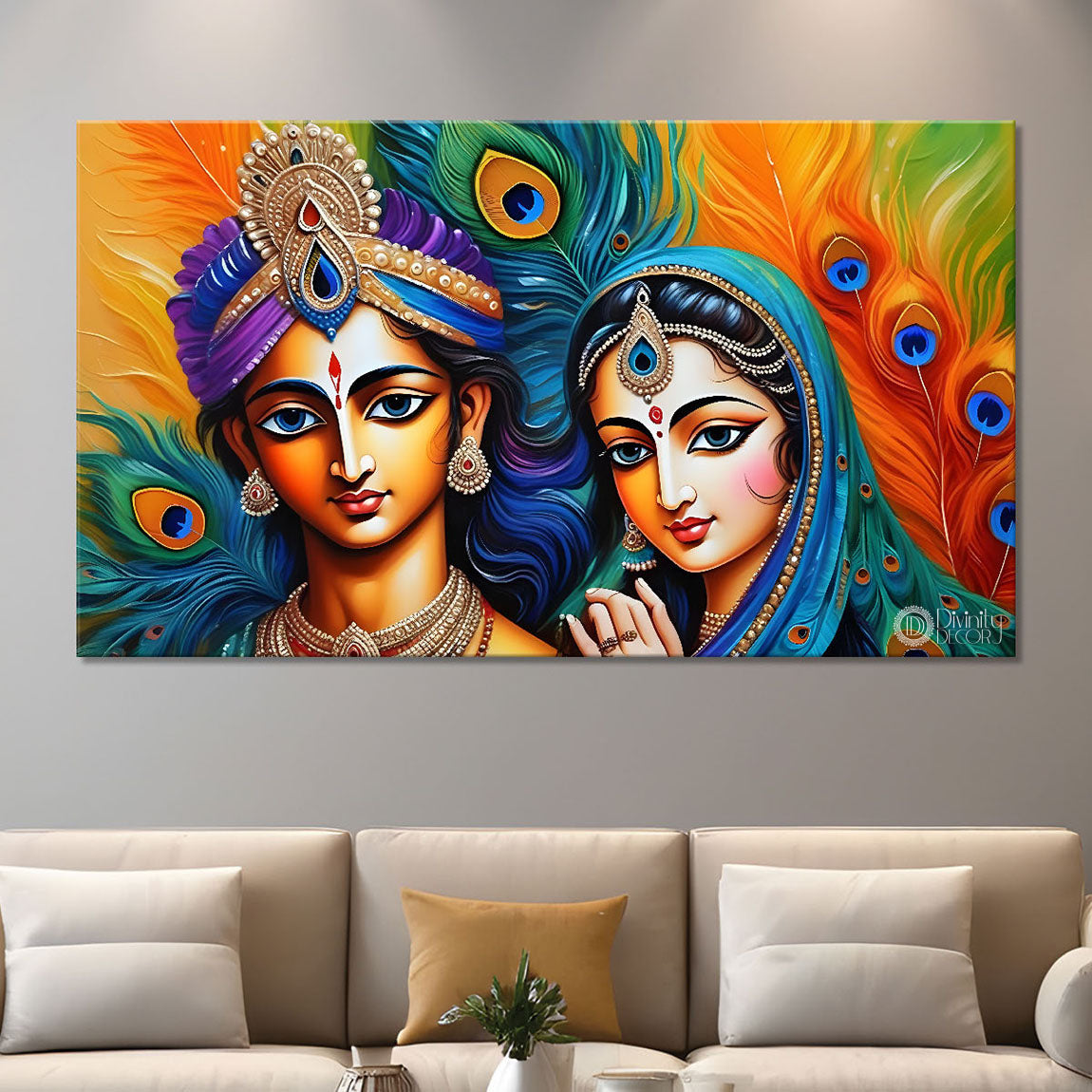 Krishna and Radha with yellow and peacock feather background painting Canvas Painting - Design - Krishna-154