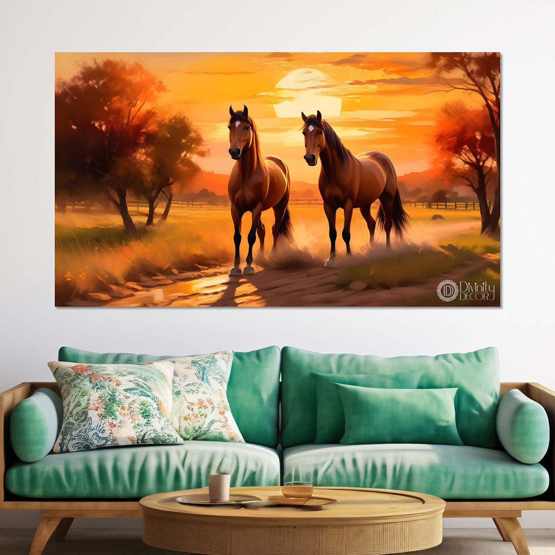 Two brown horses in the field with sunset textured background art Canvas Painting - Design - Horse-154