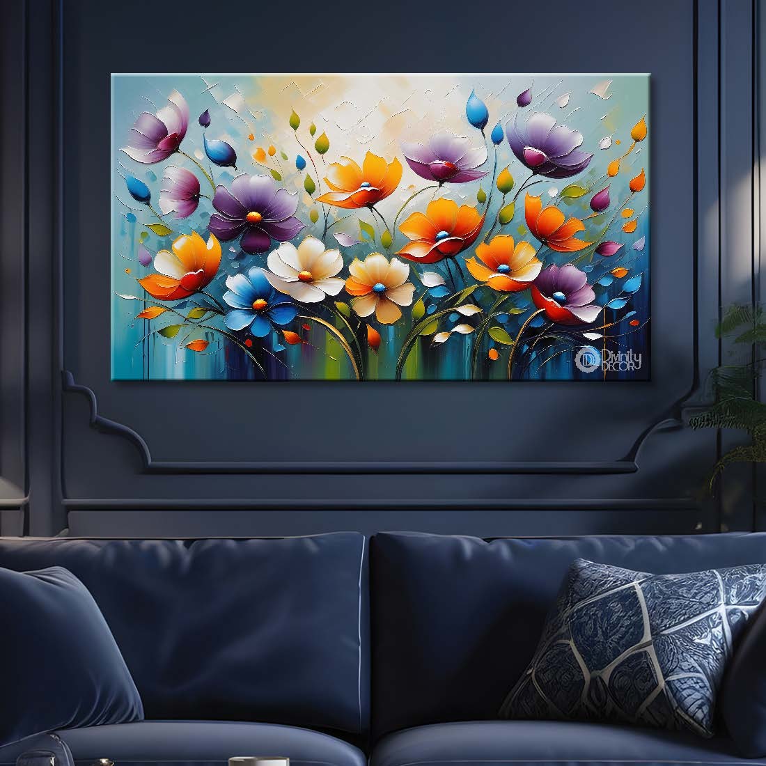 Colorful flowers with blue background- Design - Flower-154