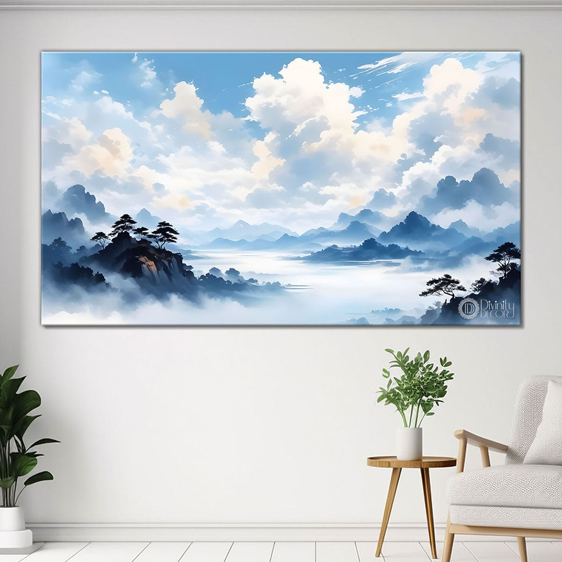 Mountains with river and clouds textured water color art Canvas Painting - Nature Art -154