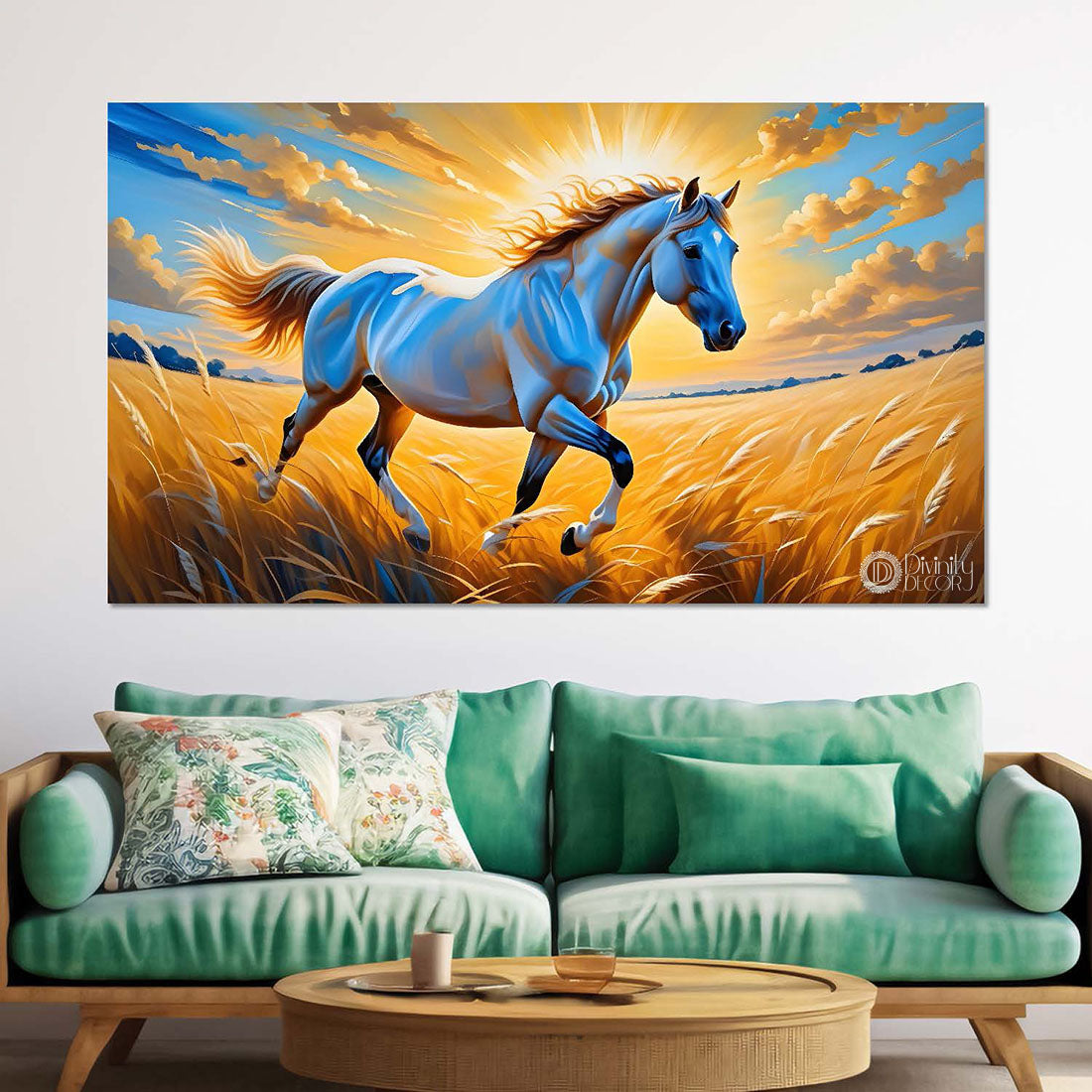 White horse running in the field with cloudy and sunrise textured background art Canvas Painting - Design - Horse-155
