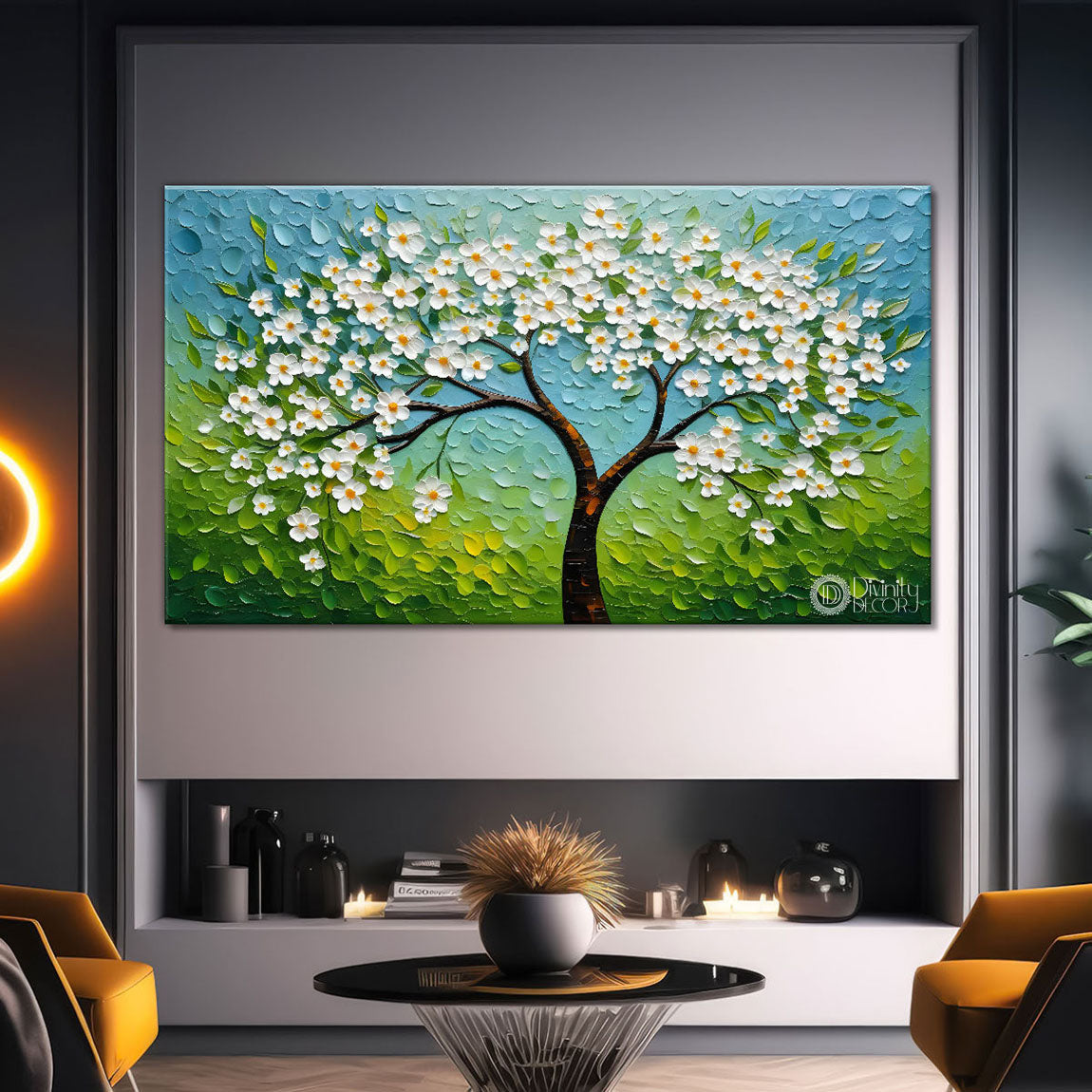White flower tree in textured background oil painting- Design - Tree-155