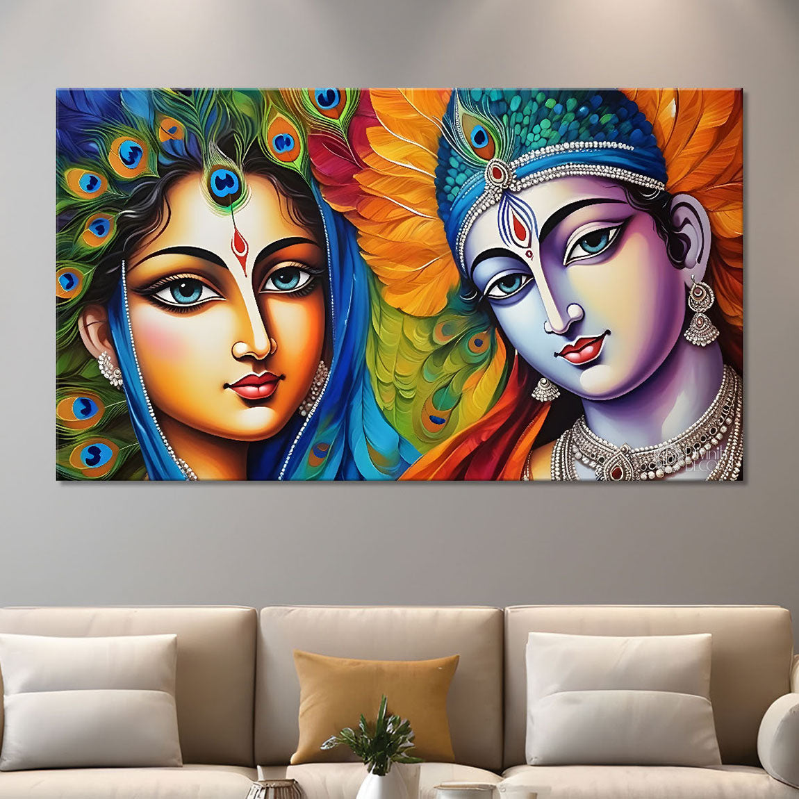 Blue face of Krishna and Radha with yellow and peacock feather background painting Canvas Painting - Design - Krishna-155