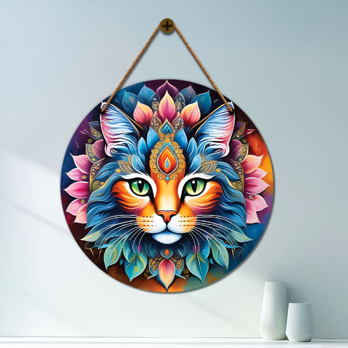 Cat in green and pink mandala Round Wooden Wall Hanging for wall Décor - Design - 155