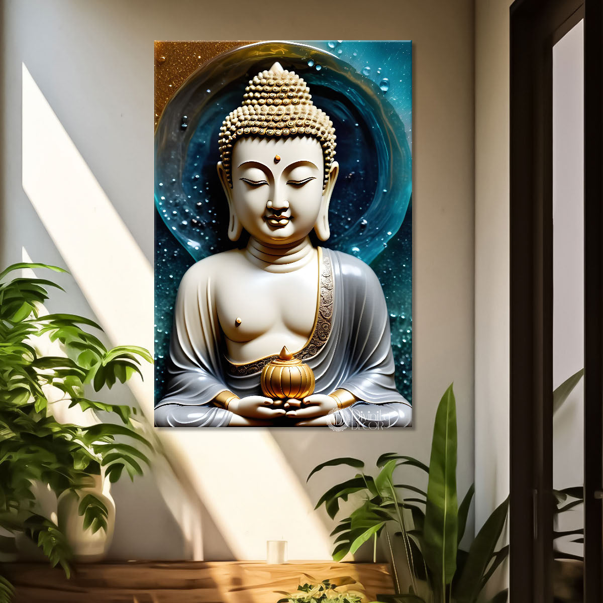 White buddha with colourful texturd painting - Buddha-V-155
