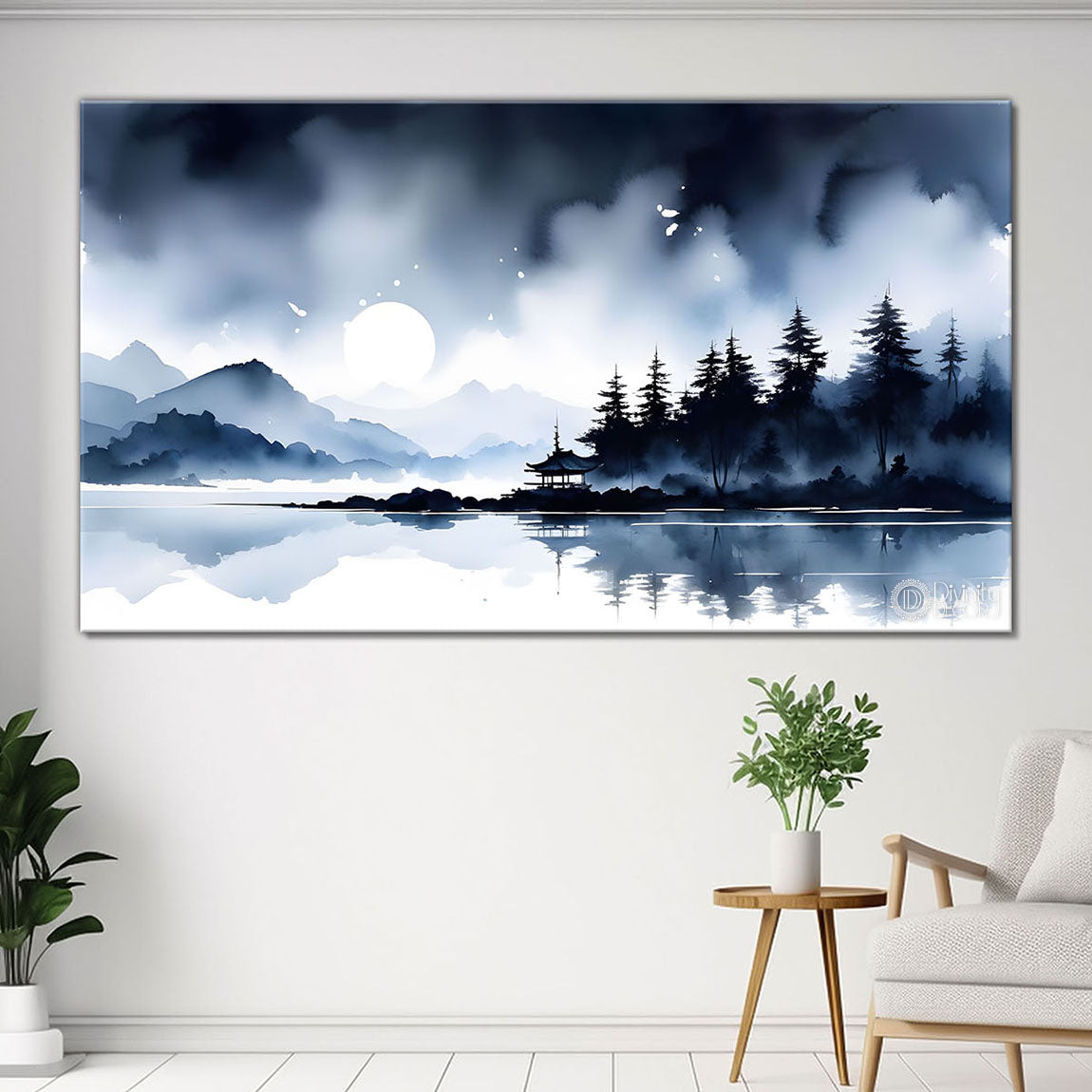 Mountains with river and clouds textured water color art Canvas Painting - Nature Art -155
