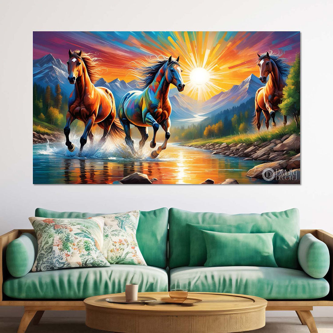 Tree brown horses running with mountains and sunrise textured background art Canvas Painting - Design - Horse-156