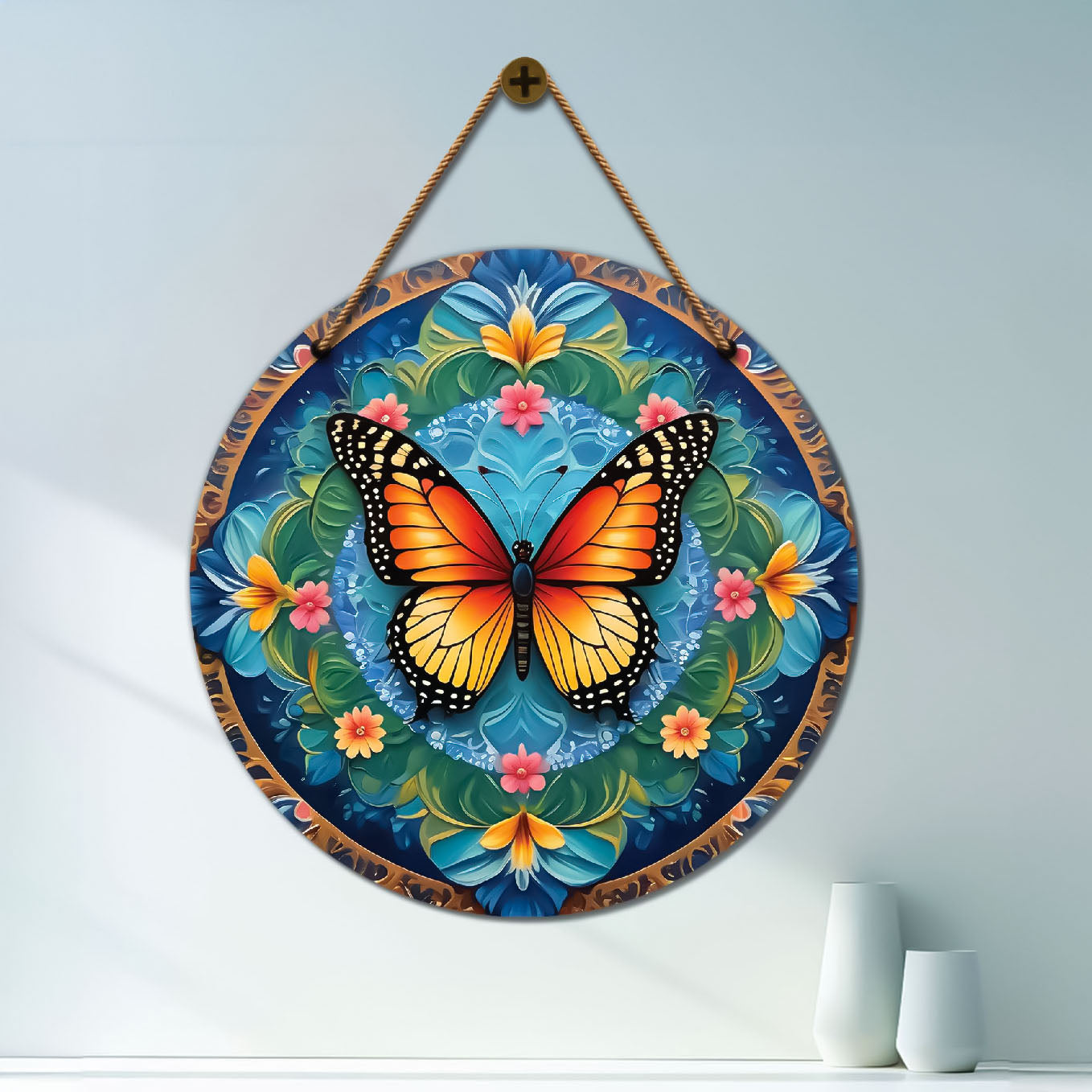 Butterfly in green and yellow mandala Round Wooden Wall Hanging for wall Décor - Design - 156