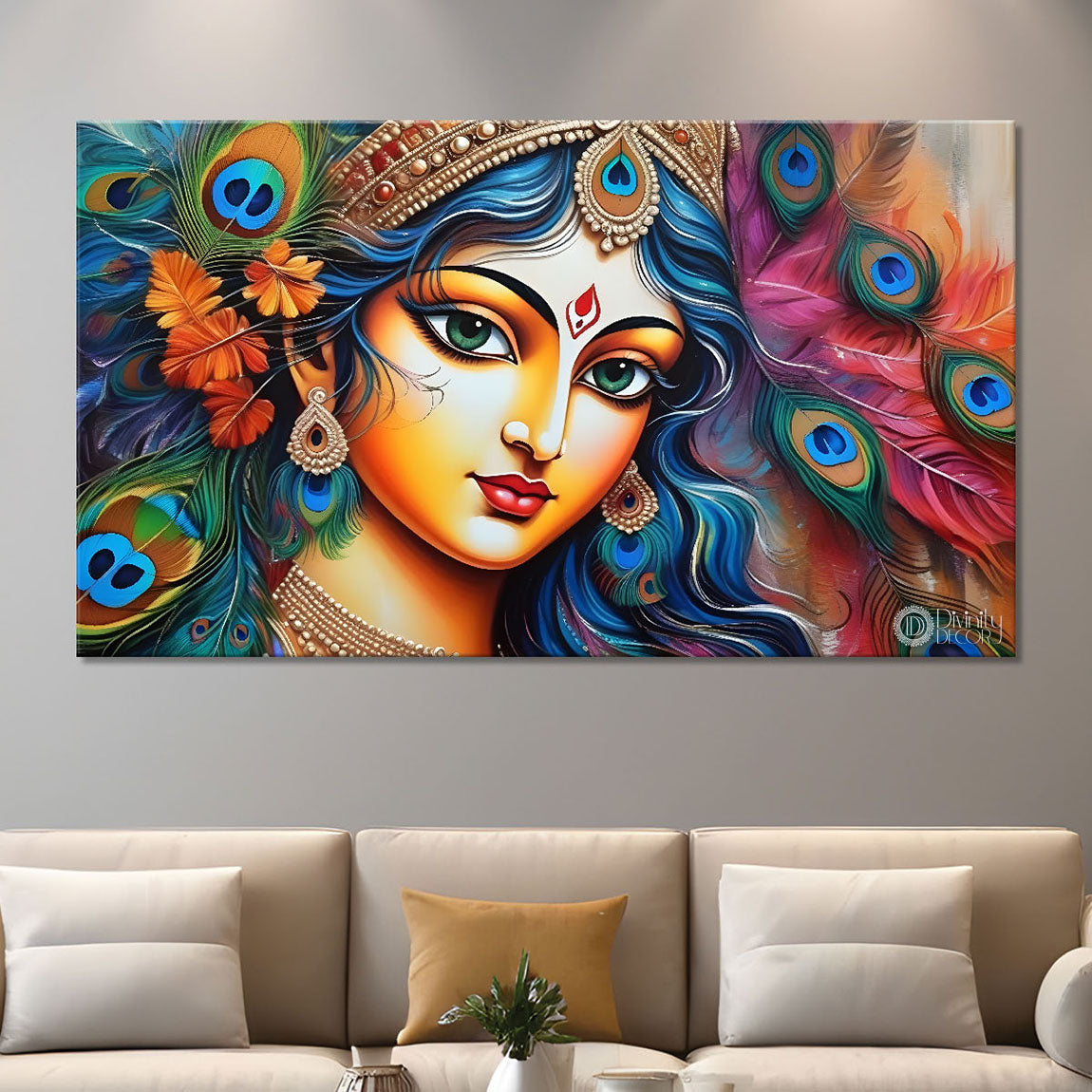 Radha with peacock feather background painting Canvas Painting - Design - Krishna-156