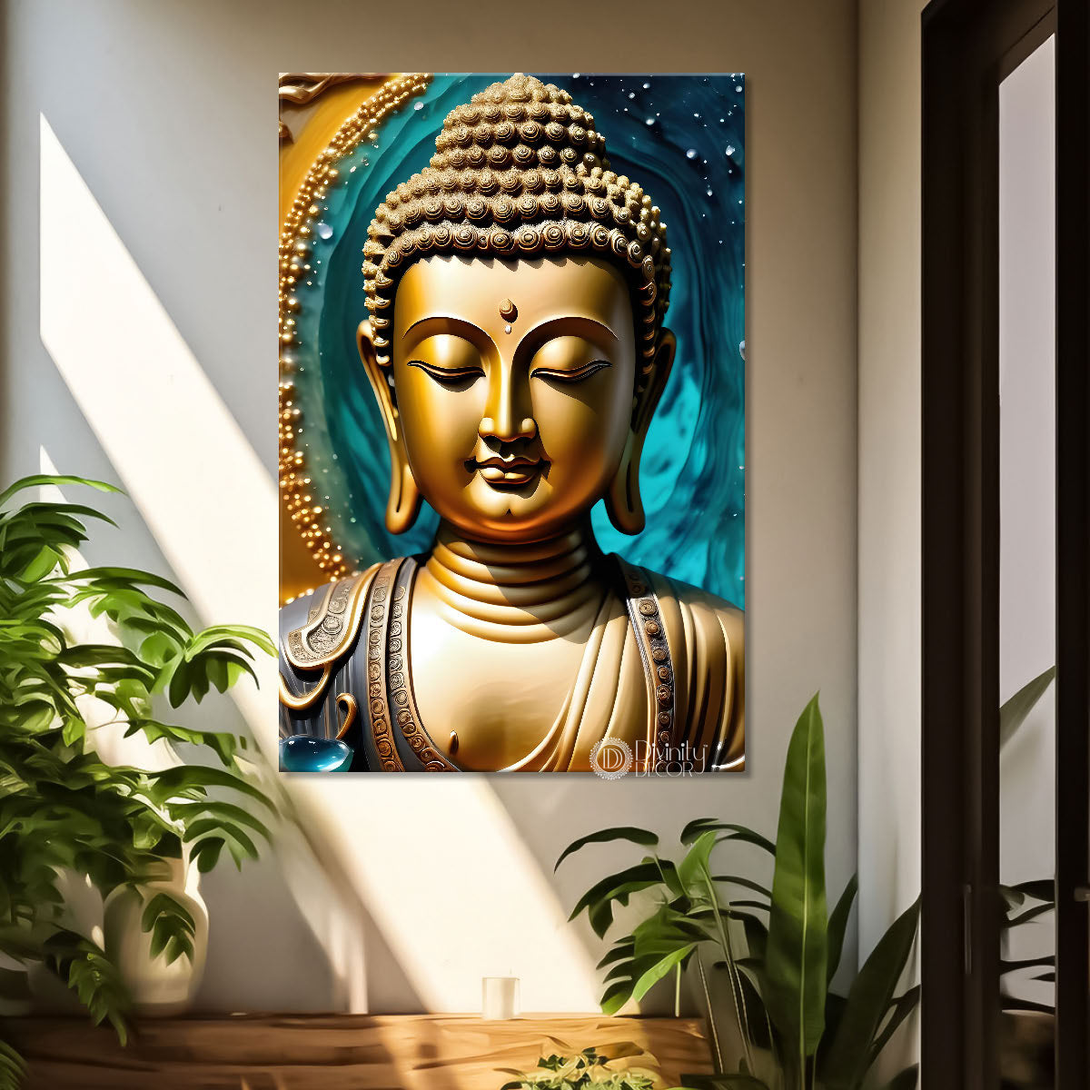 Golden buddha with blue texturd painting - Buddha-V-156