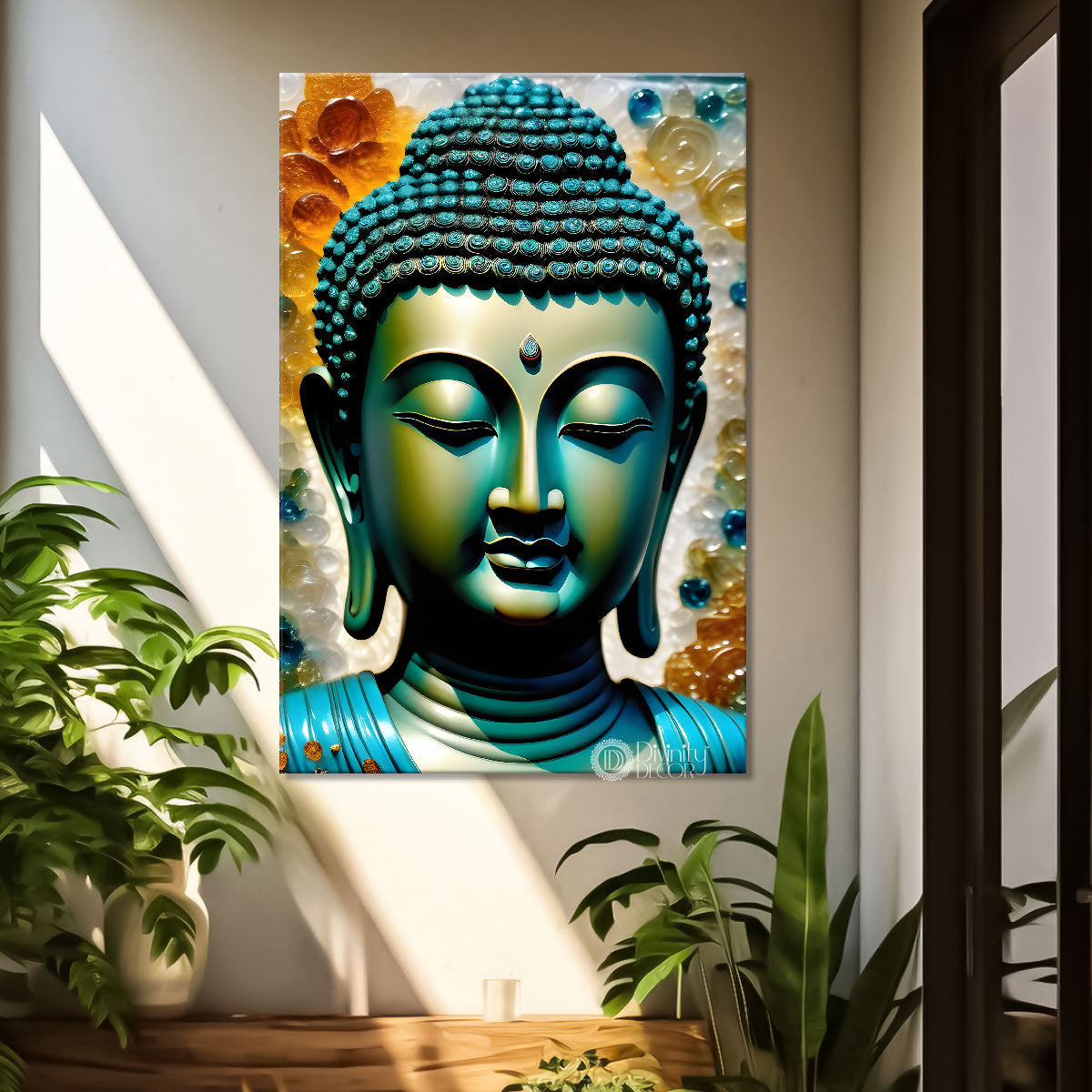Blue buddha with colourufl texturd painting - Buddha-V-157