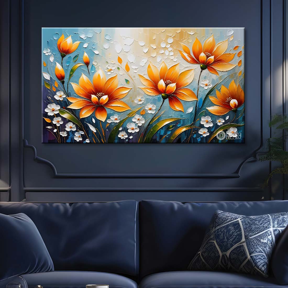 Orange flowers with blue background painting- Design - Flower-157