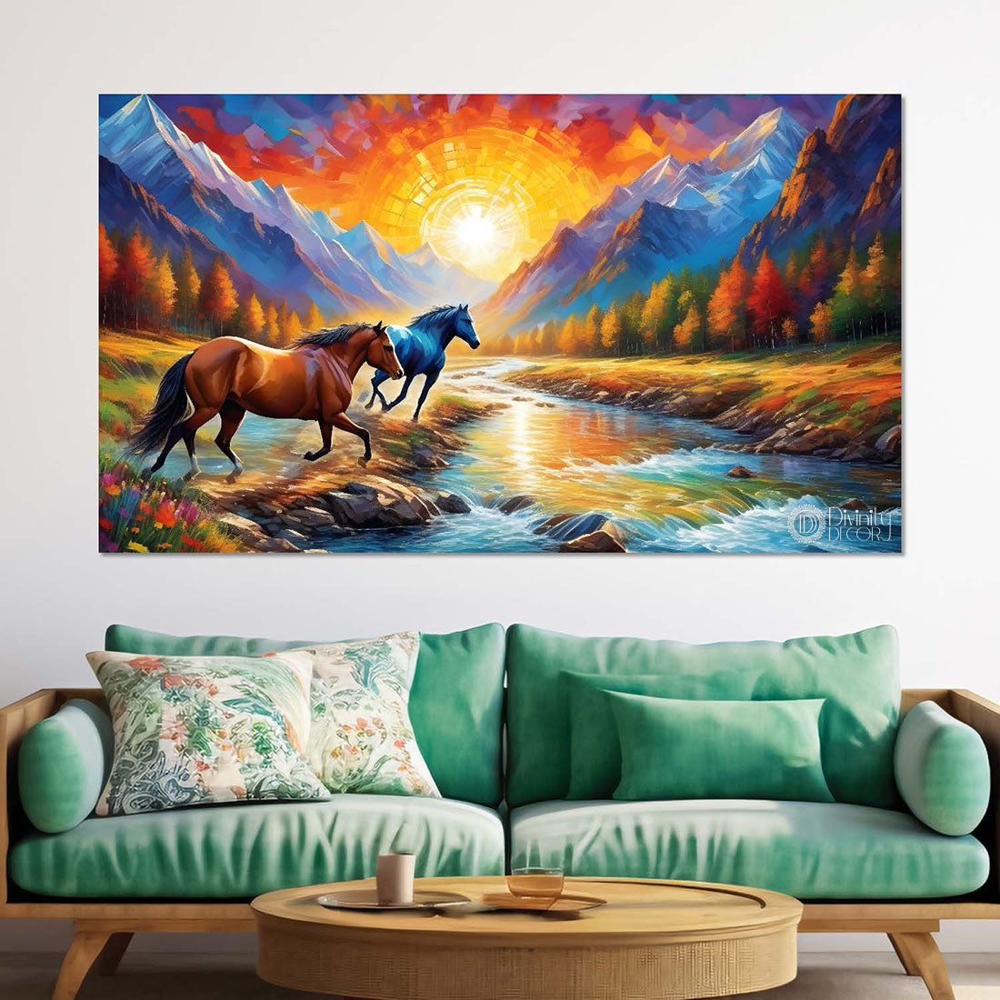 Two brown horses running with mountains and lake in sunrise textured background art Canvas Painting - Design - Horse-157
