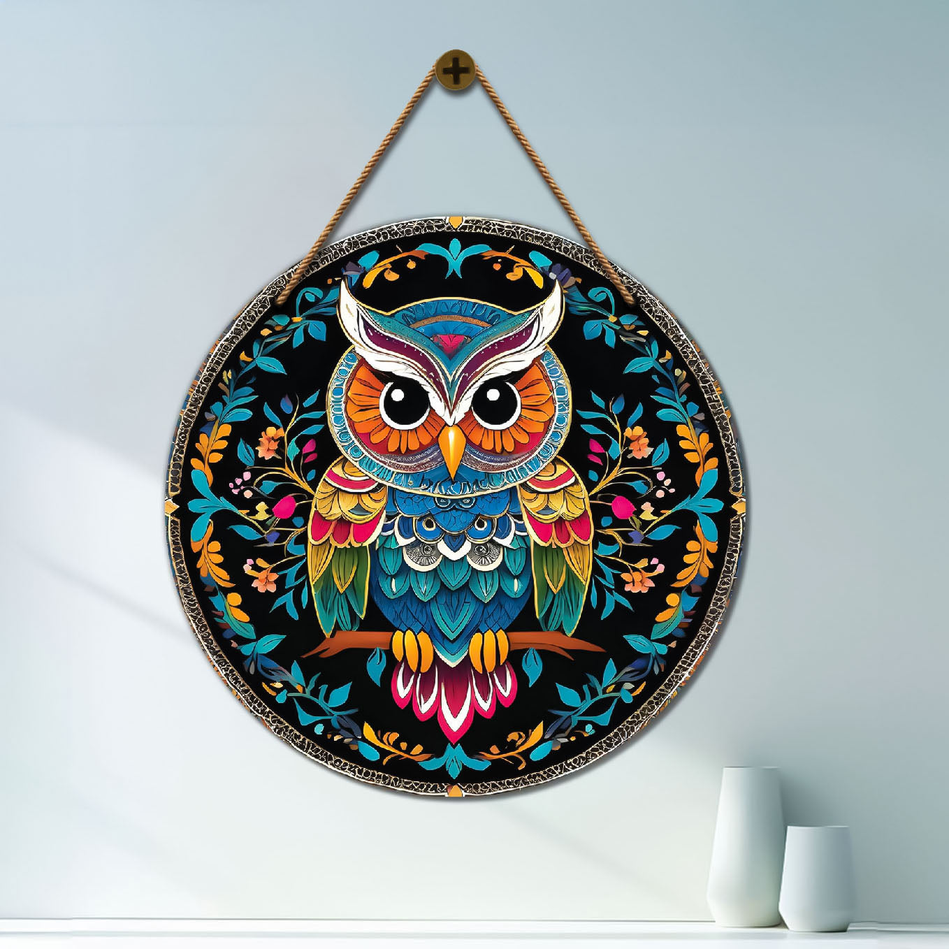 Owl in green and black mandala Round Wooden Wall Hanging for wall Décor - Design - 157
